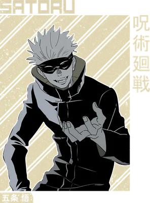 Hình vẽ nhân vật anime Satoru Gojo với mái tóc trắng, đeo mặt nạ đen, cười bí ẩn, mặc áo khoác đen.