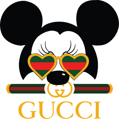 Hình ảnh Mickey Mouse đeo kính hình trái tim có sọc xanh lá, đỏ và logo Gucci, cùng với dòng chữ GUCCI.