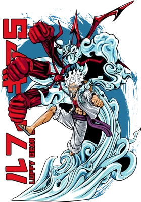 Hình ảnh Monkey D. Luffy trong trạng thái Gear 5, tung đòn tấn công với sức mạnh phi thường, bao quanh bởi mây trắng và hiệu ứng sóng nước.