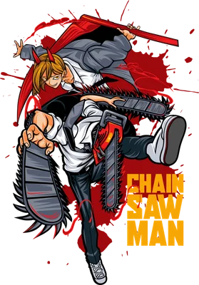 Nhân vật Denji và Power từ anime Chainsaw Man trong tư thế chiến đấu mạnh mẽ