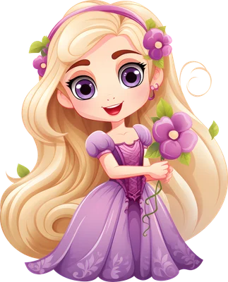 Hình ảnh công chúa hoạt hình chibi tóc vàng, mắt tím, mặc váy tím, cầm hoa trên nền xám