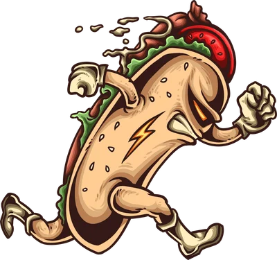 Hình minh họa hot dog hoạt hình đang chạy với biểu cảm mạnh mẽ, có tia sét vàng trên thân và nước sốt bắn ra.