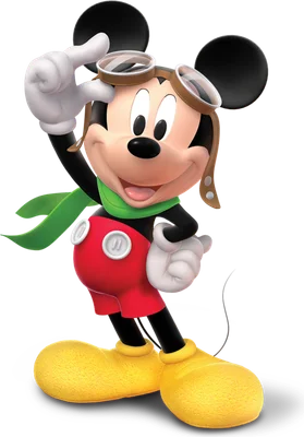 Hình ảnh chuột Mickey trong trang phục phi công, đội mũ da, kính bảo hộ, quàng khăn xanh và đang chào.