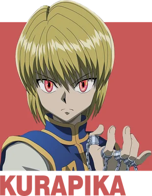 Hình ảnh nhân vật anime Kurapika từ Hunter x Hunter với mái tóc vàng, đôi mắt đỏ rực và đang cầm xích.