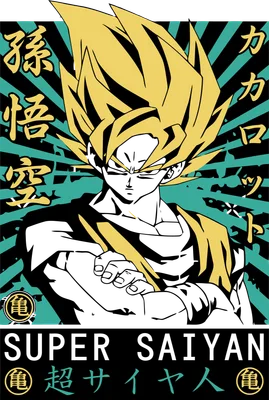 Hình ảnh Goku Super Saiyan với mái tóc vàng rực, biểu cảm quyết tâm, trên nền xanh đen và chữ Super Saiyan.