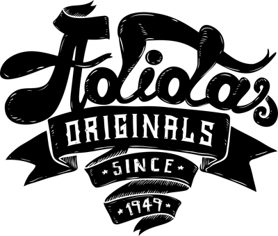 Logo Adidas Originals Since 1949 với phông chữ vintage, màu đen trên nền xám.