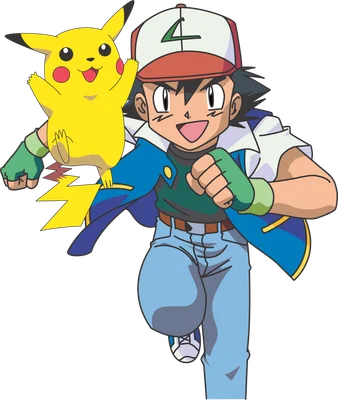 Ash Ketchum và Pikachu đang chạy, Ash mặc áo khoác xanh, quần jean, mũ đỏ trắng, Pikachu màu vàng bên cạnh.