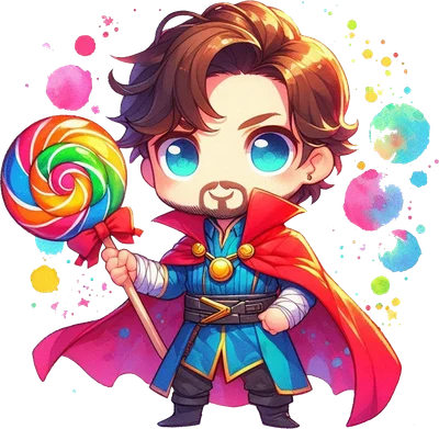 Hình minh họa Doctor Strange phiên bản chibi dễ thương, mặc áo choàng đỏ, cầm kẹo mút cầu vồng lớn, với các đốm màu nước.
