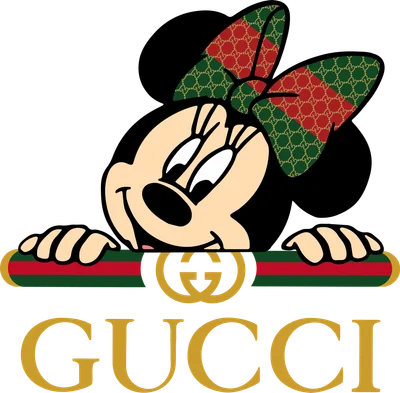 Hình ảnh Minnie Mouse với nơ in họa tiết Gucci, đang nhìn xuống logo Gucci.