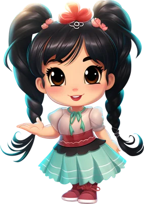 Hình ảnh cô bé hoạt hình chibi dễ thương với tóc đen tết hai bím, mặc váy xanh và áo trắng, đang mỉm cười và giơ tay.