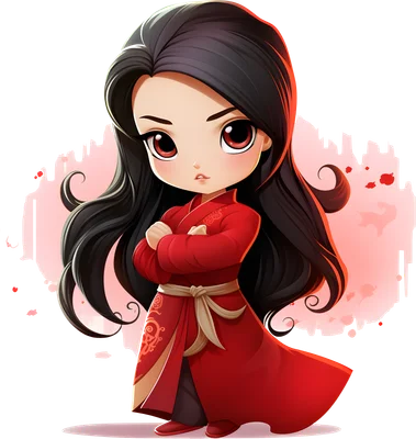 Nữ chiến binh Mulan chibi mạnh mẽ, trang phục đỏ truyền thống
