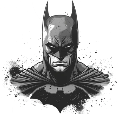 Hình ảnh bán thân Người Dơi Batman với mặt nạ và áo choàng, phong cách truyện tranh đen trắng, nền xám có hiệu ứng vệt mực.