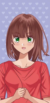 Hình ảnh cô gái anime tóc nâu, mắt xanh lá cây, mặc áo đỏ, với phông nền màu tím nhạt có họa tiết trái tim.