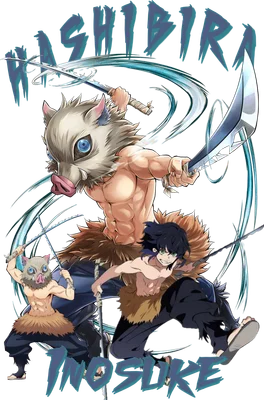 Hình ảnh Inosuke Hashibira từ anime, đeo mặt nạ lợn, cầm hai thanh kiếm, với một phiên bản nhỏ hơn và một nhân vật khác.