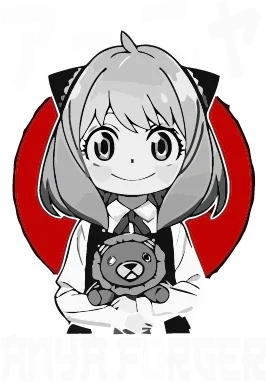 Hình vẽ Anya Forger, nhân vật anime, ôm gấu bông, với chữ "ANYA FORGER" và chữ Nhật.