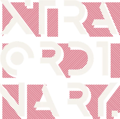 Thiết kế chữ 'Extraordinary' với font chữ lớn, màu trắng trên nền xám, xen kẽ các khối hình chữ nhật kẻ sọc đỏ