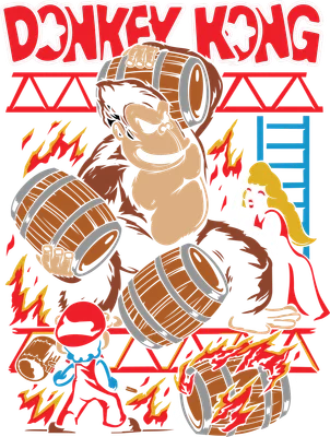 Hình ảnh Donkey Kong ném thùng gỗ xuống Mario đang cố gắng cứu công chúa, với lửa bao quanh.