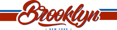 Chữ Brooklyn New York viết tay màu đỏ viền xanh, có sọc ngang đỏ xanh