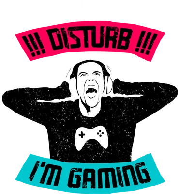 Hình minh họa game thủ đang la hét, bịt tai, với biểu tượng tay cầm chơi game và dòng chữ 'DO NOT DISTURB !!! I'M GAMING'.