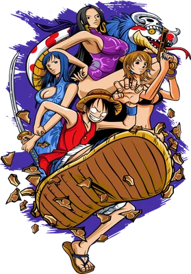 Hình ảnh nhóm nhân vật Monkey D. Luffy, Boa Hancock, Nami và Robin từ One Piece, với một con rắn và một con quái vật đầu lâu.