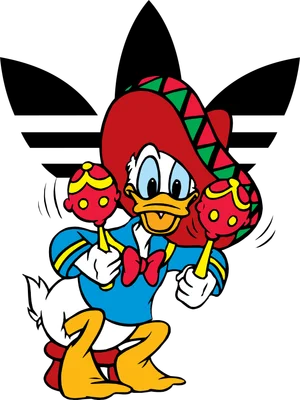 Hình ảnh hoạt hình Vịt Donald đeo mũ sombrero, chơi maracas, với logo Adidas phía sau.