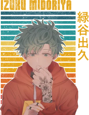 Hình vẽ Izuku Midoriya với hình xăm hoa trên tay, mặc áo hoodie đỏ, nền sọc retro.