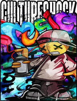 Hình ảnh nhân vật hoạt hình phong cách graffiti đang cầm bình xịt sơn, nền là tranh tường đầy màu sắc.