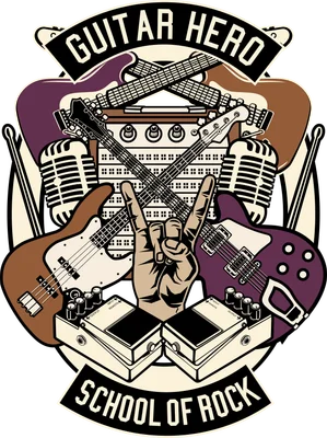 Thiết kế đồ họa Guitar Hero với đàn guitar, micro và biểu tượng tay rock, phong cách vintage cổ điển