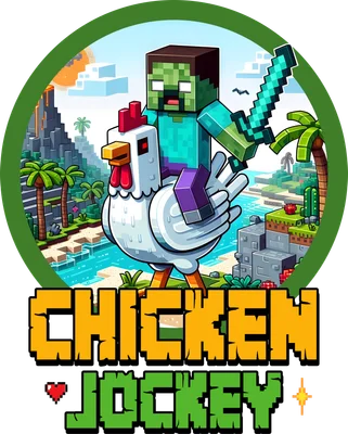 Hình ảnh zombie Minecraft cưỡi gà, có chữ 'CHICKEN JOEY' bên dưới, phong cách pixel art.