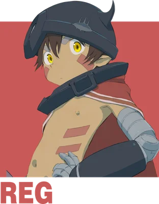 Hình ảnh nhân vật Reg trong anime với đôi mắt vàng nổi bật, đội mũ bảo hiểm màu xám, trên nền đỏ và xám.