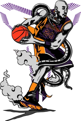 Hình vẽ Kobe Bryant trong trang phục Lakers số 24, tay cầm bóng rổ, với hình ảnh rắn quấn quanh người, khói bốc lên từ chân.