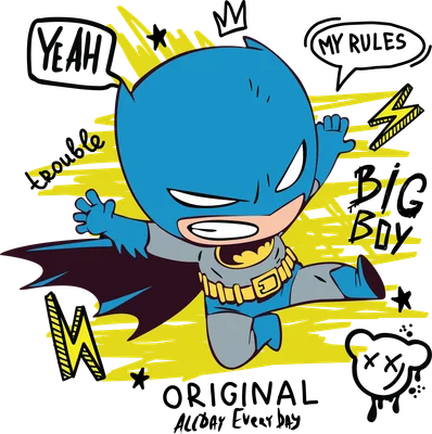 Hình vẽ chibi Batman mặc trang phục xanh xám, thắt lưng vàng, đang bay nhảy với biểu cảm vui vẻ, có các chữ 'YEAH', 'MY RULES', 'BIG BOY', 'ORIGINAL ALLDAY EVERY DAY' và các họa tiết tia sét, vương miện, ngôi sao.