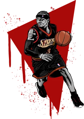 Hình vẽ Allen Iverson đang chơi bóng rổ, mặc áo số 3 của đội 76ers, trên nền xám với họa tiết tam giác đỏ và vệt sơn.