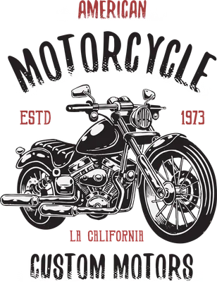 Hình minh họa xe mô tô phong cách cổ điển với chữ American Motorcycle Custom Motors