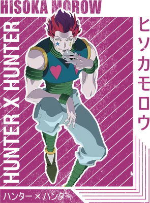 Hình ảnh Hisoka Morow từ anime Hunter x Hunter, đang cầm một lá bài, với phong cách vẽ anime độc đáo.