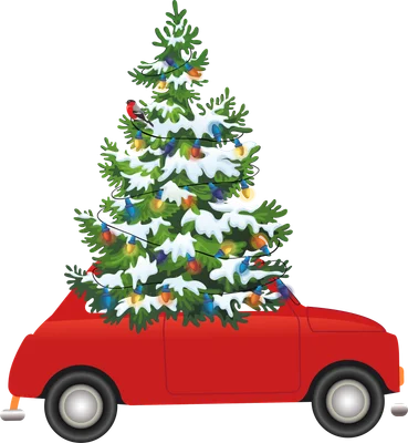 Hình ảnh xe ô tô màu đỏ chở cây thông Noel phủ tuyết, trang trí đèn Giáng sinh và có chim nhỏ đậu trên cành.