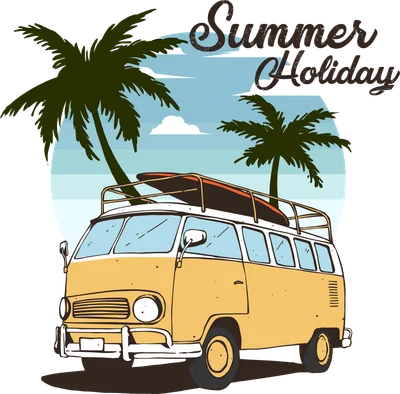 Hình minh họa xe bus cổ điển màu vàng với cây dừa và chữ Summer Holiday phong cách retro