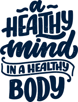 Thiết kế chữ "A healthy mind in a healthy body" màu xanh navy trên nền xám.