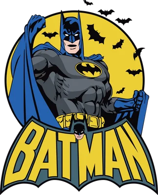 Hình ảnh Batman với bộ đồ xanh đen, biểu tượng dơi vàng trên ngực, đứng trước vầng trăng vàng và đàn dơi bay lượn.