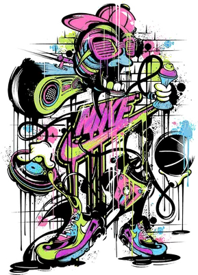 Hình vẽ nhân vật graffiti hip hop đội mũ, đeo kính, cầm bình xịt sơn, mang giày Nike, với các yếu tố âm nhạc và thể thao.