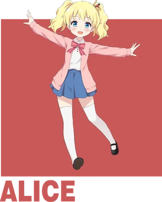 Hình ảnh cô bé Alice tóc vàng, mắt xanh, mặc áo khoác hồng, váy xanh, tất trắng, phong cách anime