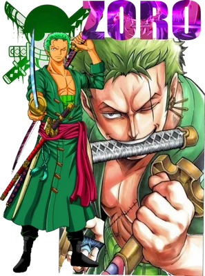 Hình ảnh Roronoa Zoro, nhân vật anime với ba thanh kiếm, mặc trang phục xanh lá.