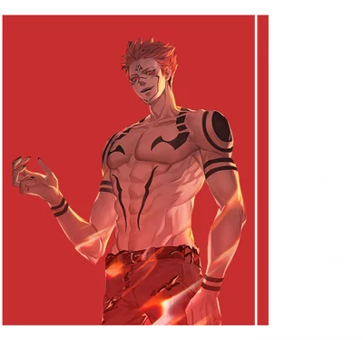 Hình ảnh Ryomen Sukuna, nhân vật anime với cơ bắp săn chắc và hình xăm đen trên người, trên nền đỏ.
