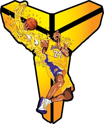 Hình vẽ Kobe Bryant trong trang phục Lakers số 24, đang ném bóng với hiệu ứng lửa vàng bao quanh, trên nền biểu tượng "Mamba" màu vàng.