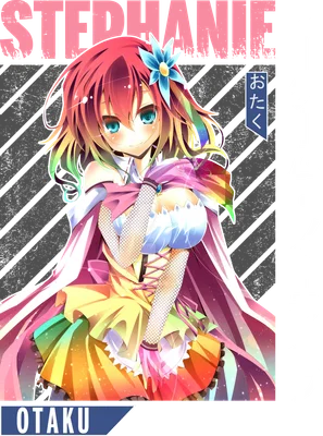 Hình ảnh cô gái anime với mái tóc rực rỡ sắc cầu vồng, đôi mắt xanh biếc, mặc trang phục nhiều màu sắc.