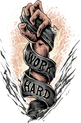 Hình ảnh minh họa một bàn tay nắm chặt một cuộn băng rôn có chữ "Work Hard" quấn quanh cánh tay, với hiệu ứng sấm sét và bụi bẩn phía sau.