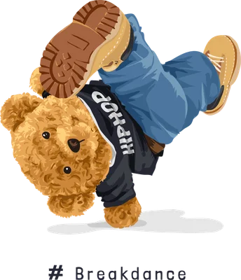 Hình minh họa gấu bông đội mũ hoodie, quần jeans và giày bốt đang thực hiện động tác breakdance trên nền xám.