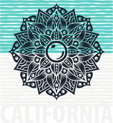 Hình ảnh hoa văn mandala màu xanh và đen với mặt trời cười ở trung tâm, phía dưới có chữ CALIFORNIA.
