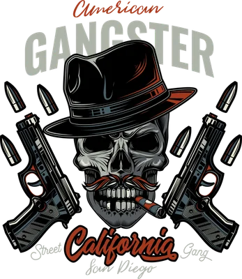 Hình ảnh đầu lâu gangster đội mũ fedora, có ria mép, ngậm xì gà, hai bên có súng lục và đạn.