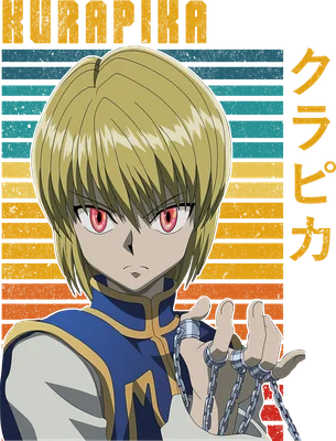 Hình ảnh Kurapika từ anime Hunter x Hunter với mái tóc vàng, mắt đỏ, và trang phục xanh dương, trên nền sọc ngang màu retro.